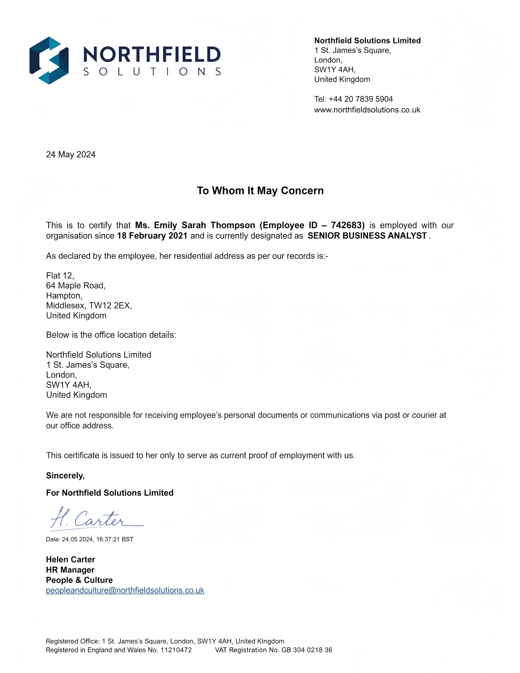 Sample of Employment Verification Letter