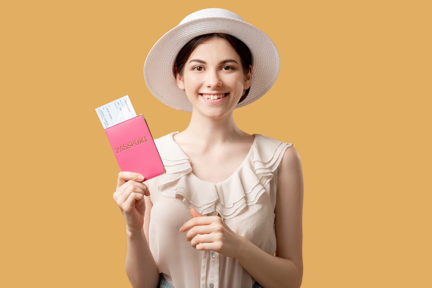 Happy Woman White Hat Holding Passport