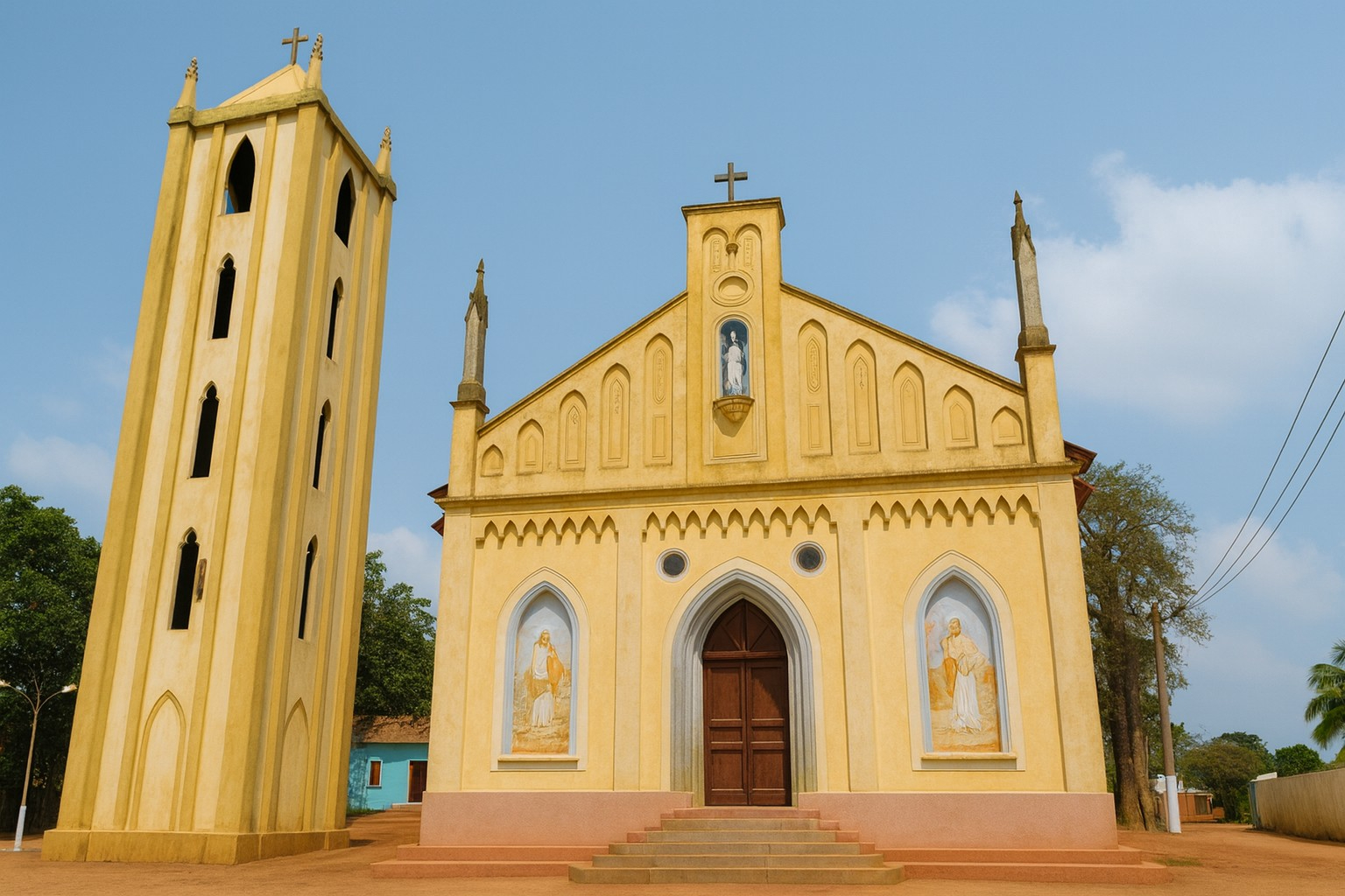 Historic yellow church with tall bell tower