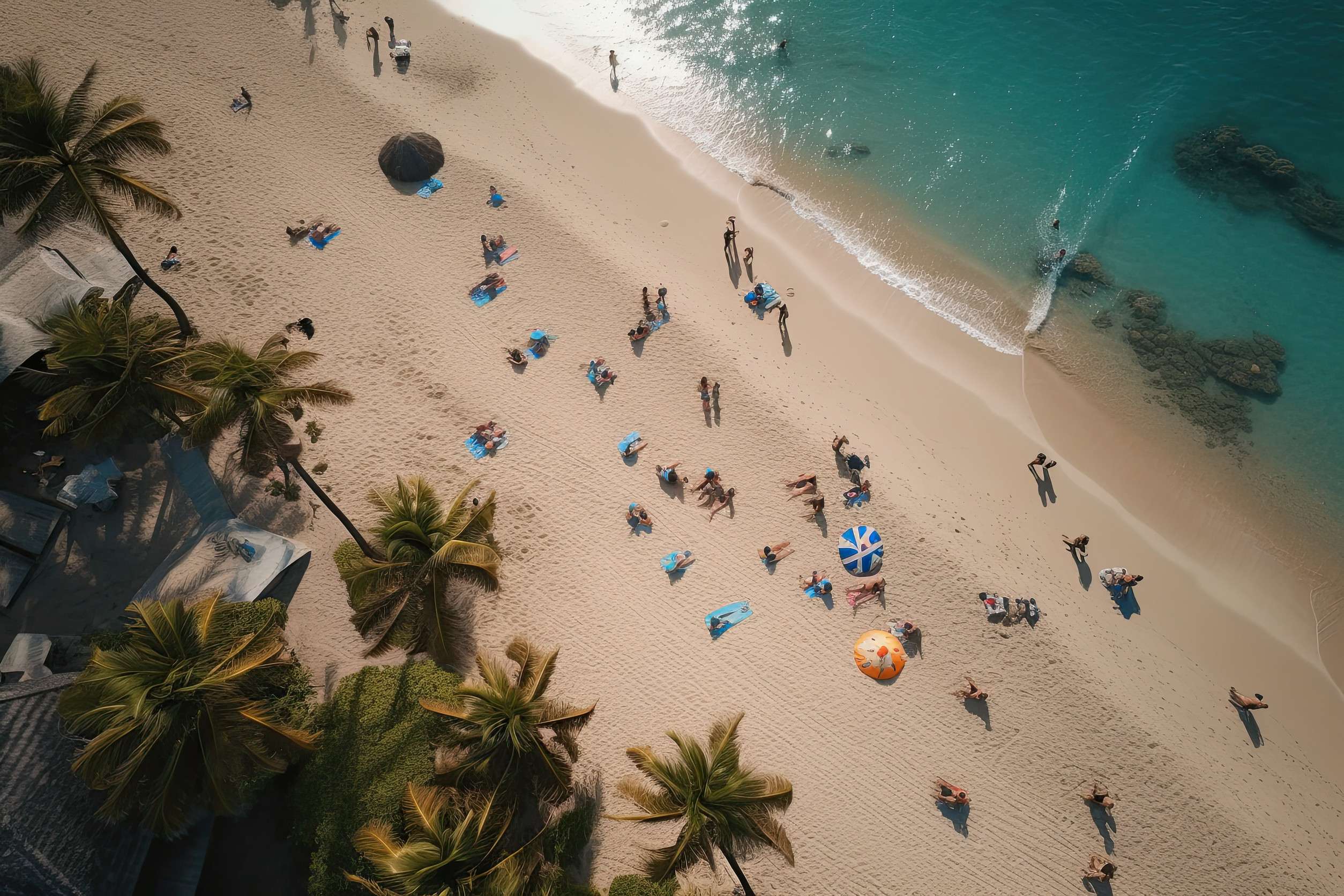 People On The Beach With Umbrellas And Sunbaters