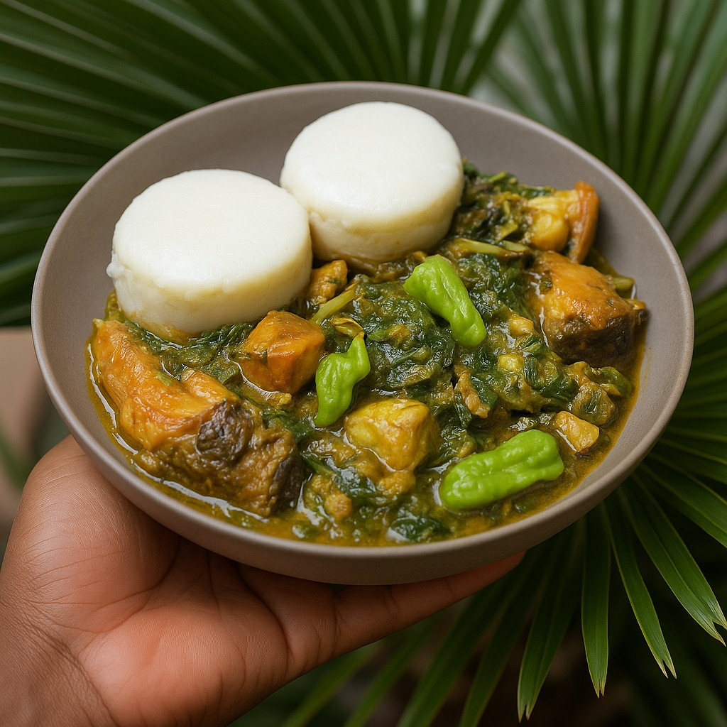 Traditional Togolese Akume with vegetable stew